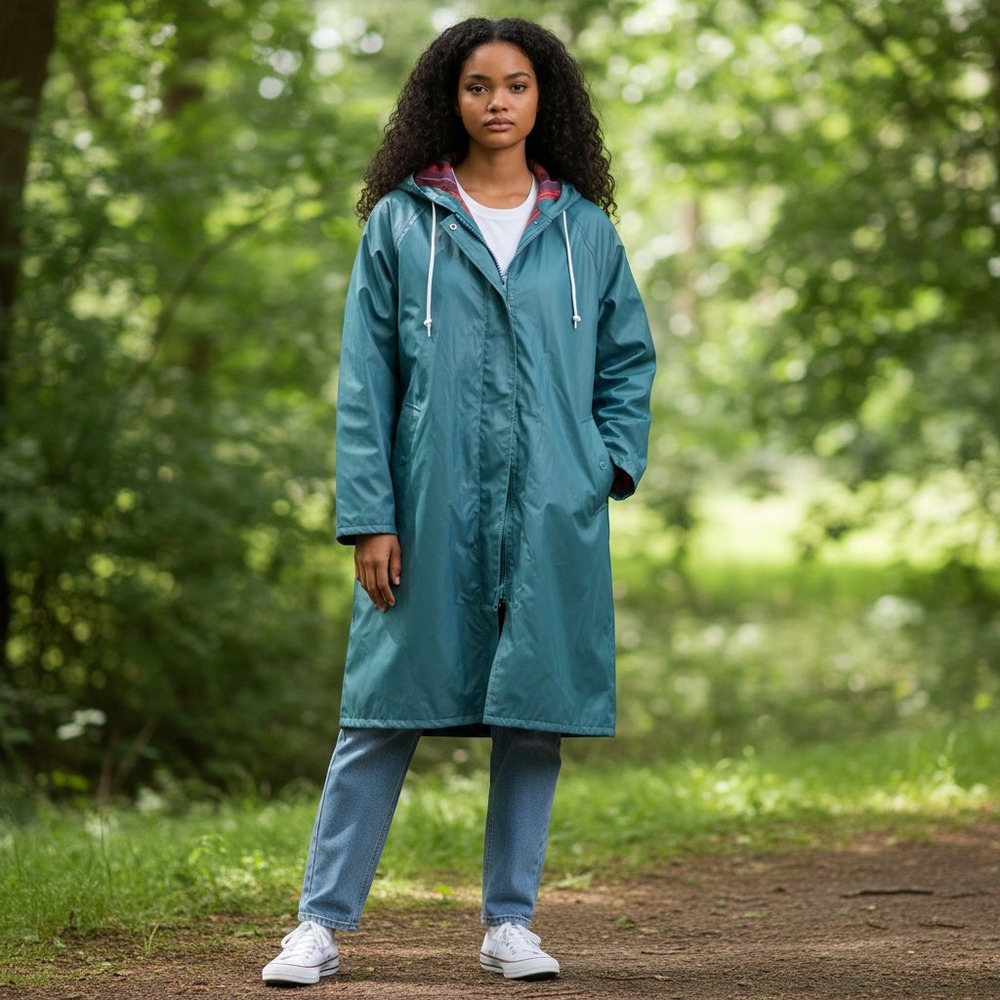 Misty Harbor Any Time Jacket Teal Blue Plaid Lined Hooded Raincoat Womens XL